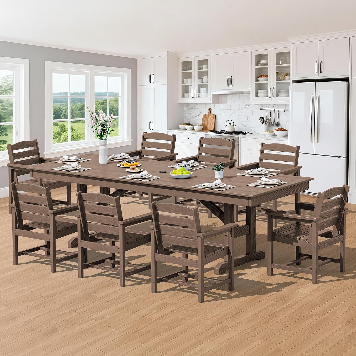 SERWALL Outdoor 84" HDPE Dining Table with Umbrella Hole for 6-8, Brown | 9-piece HDPE 84" dining table, Ideal for Outdoor Gathering