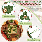 Canlierr 50 Pcs Christmas Holly Berries for Crafts Faux Berries Flowers and Holly Leaves Christmas Wreath Fillers for Vase Fillers Floating Candle Table Centerpiece(Gold)