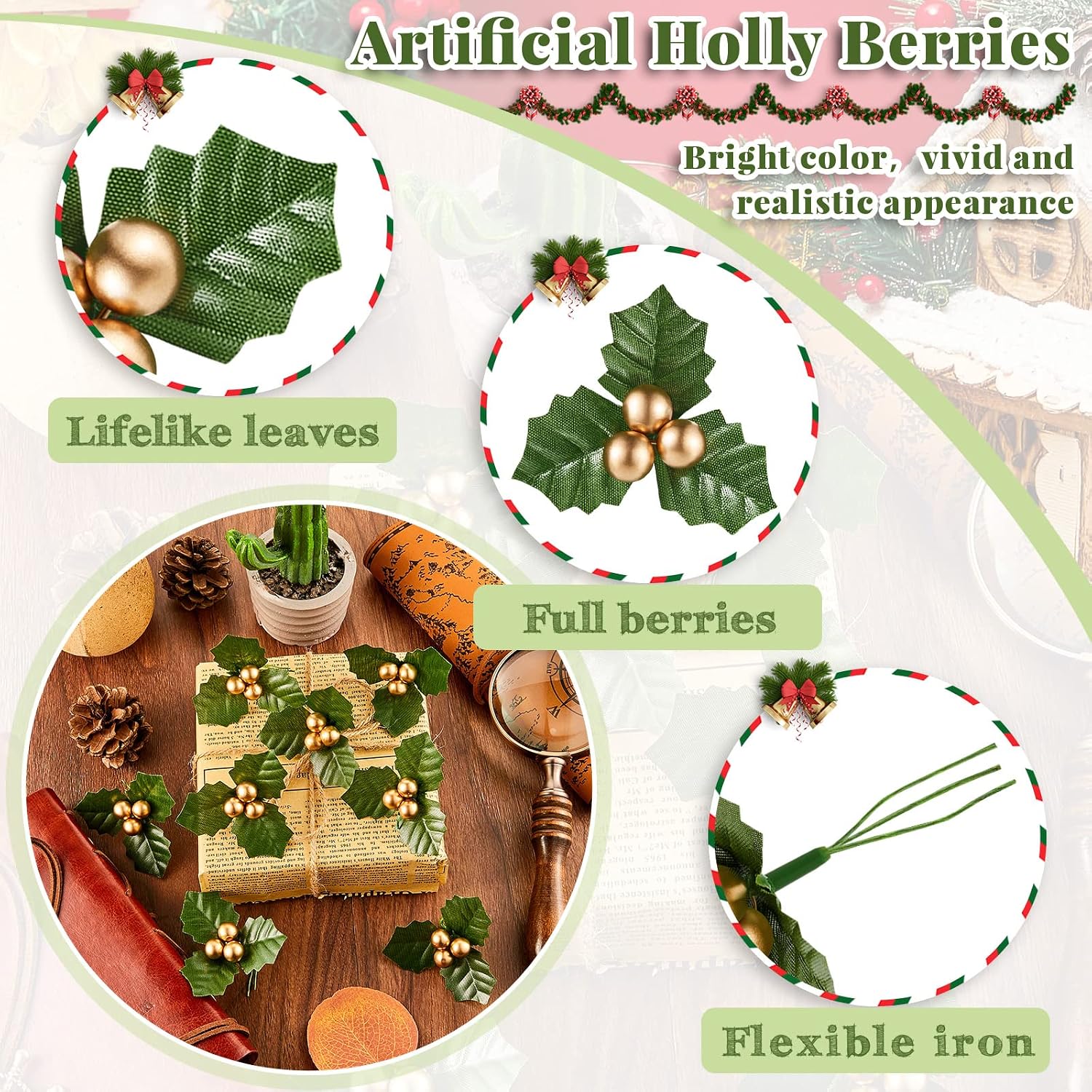 Canlierr 50 Pcs Christmas Holly Berries for Crafts Faux Berries Flowers and Holly Leaves Christmas Wreath Fillers for Vase Fillers Floating Candle Table Centerpiece(Gold)