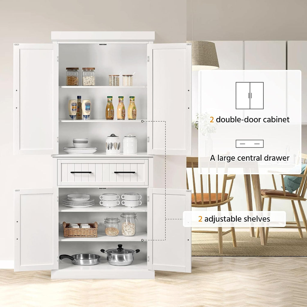 Topeakmart 72.5" Kitchen Pantry with Large Drawer, Wooden Pantry Cabinet Cupboard with Doors and Adjustable Shelves, Storage Cabinet Organizer for Kitchen, Dining Room, Living Room, White