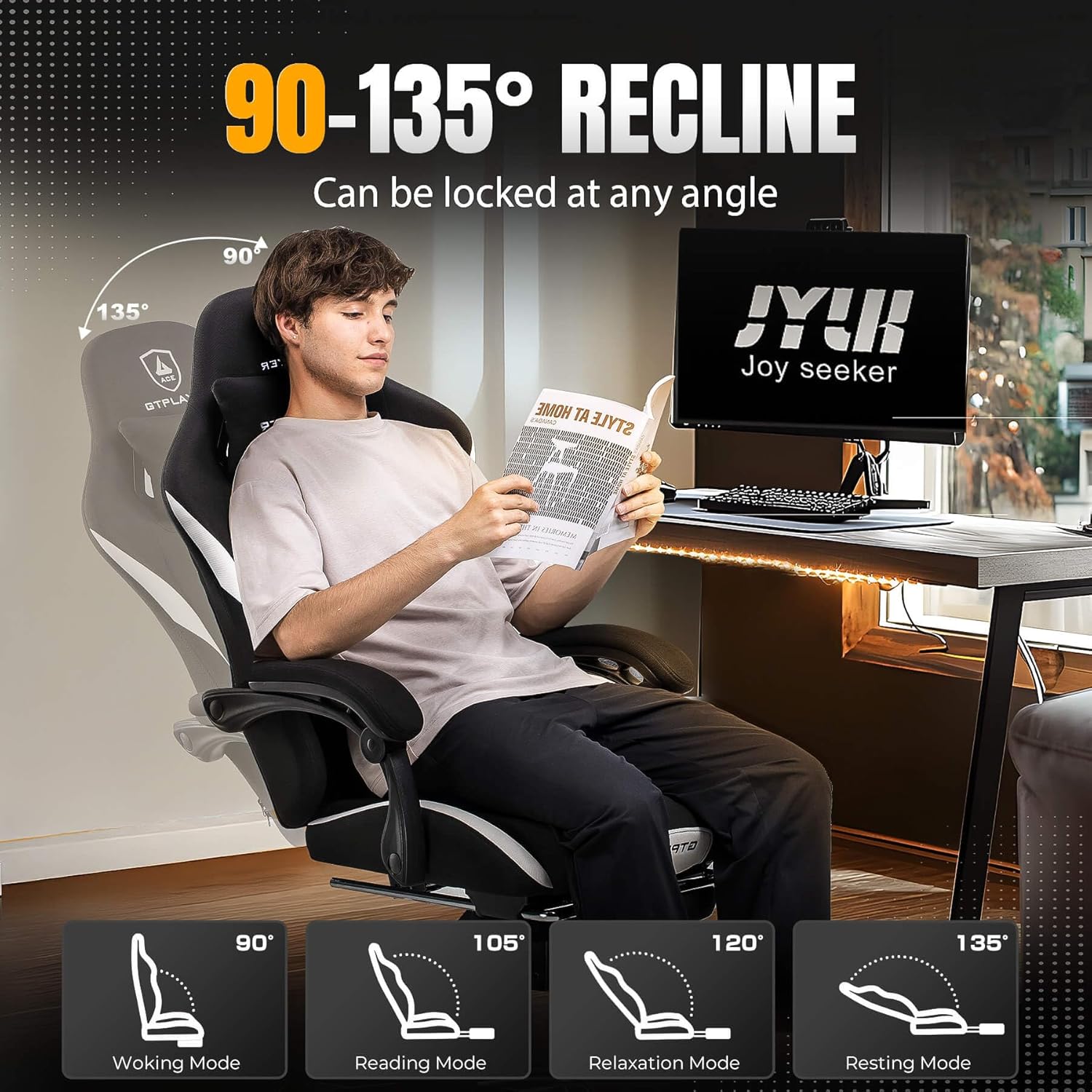GTPLAYER Gaming Chair with Foot Rest & Pocket Spring Cushion, Breathable Fabric for Home Office Desk, Ergonomic High Back Computer Chair with Headrest & Lumbar Support, Black