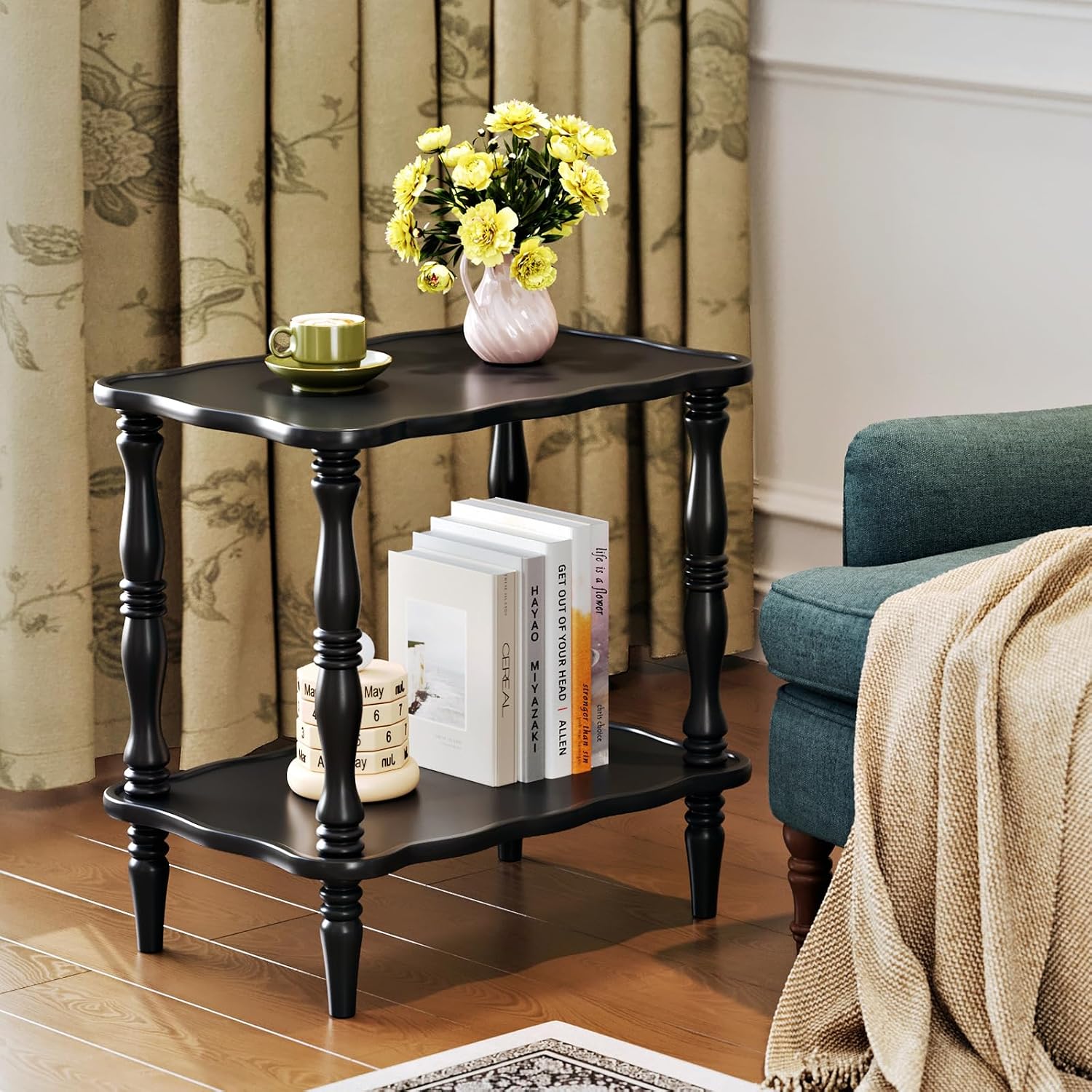 CozyDH Solid Wood End Side Table for Living Room - Small Wooden Nightstand for Bedroom, Black