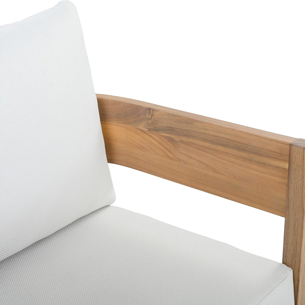 SAFAVIEH Outdoor - Theo Armchair Set of 2 - Oak & Ivory - Solid Wood with Cushion - Mid-Century Slatted Frame Design - Ideal for Patio, Deck, Porch, Backyard, 15" Seat Height (PAT7087B-SET2)