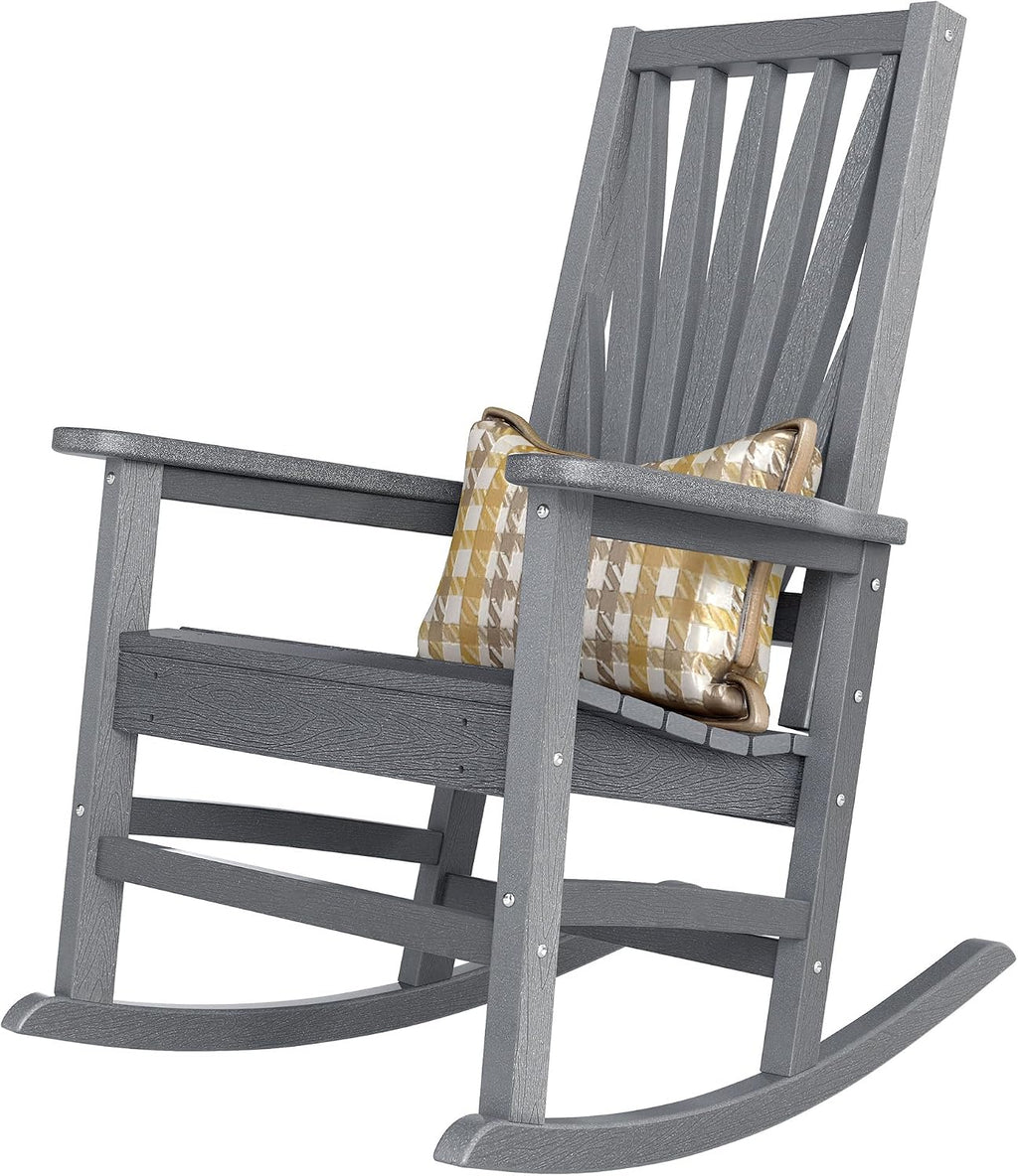 DWVO Outdoor Rocking Chair, Patio Rocker with Windsor Backrest & Wide Armrests, HDPE Patio Chair, 30° Rocking Motion, Outdoor Rocker for Porch, Balcony, Garden Seating, Gray