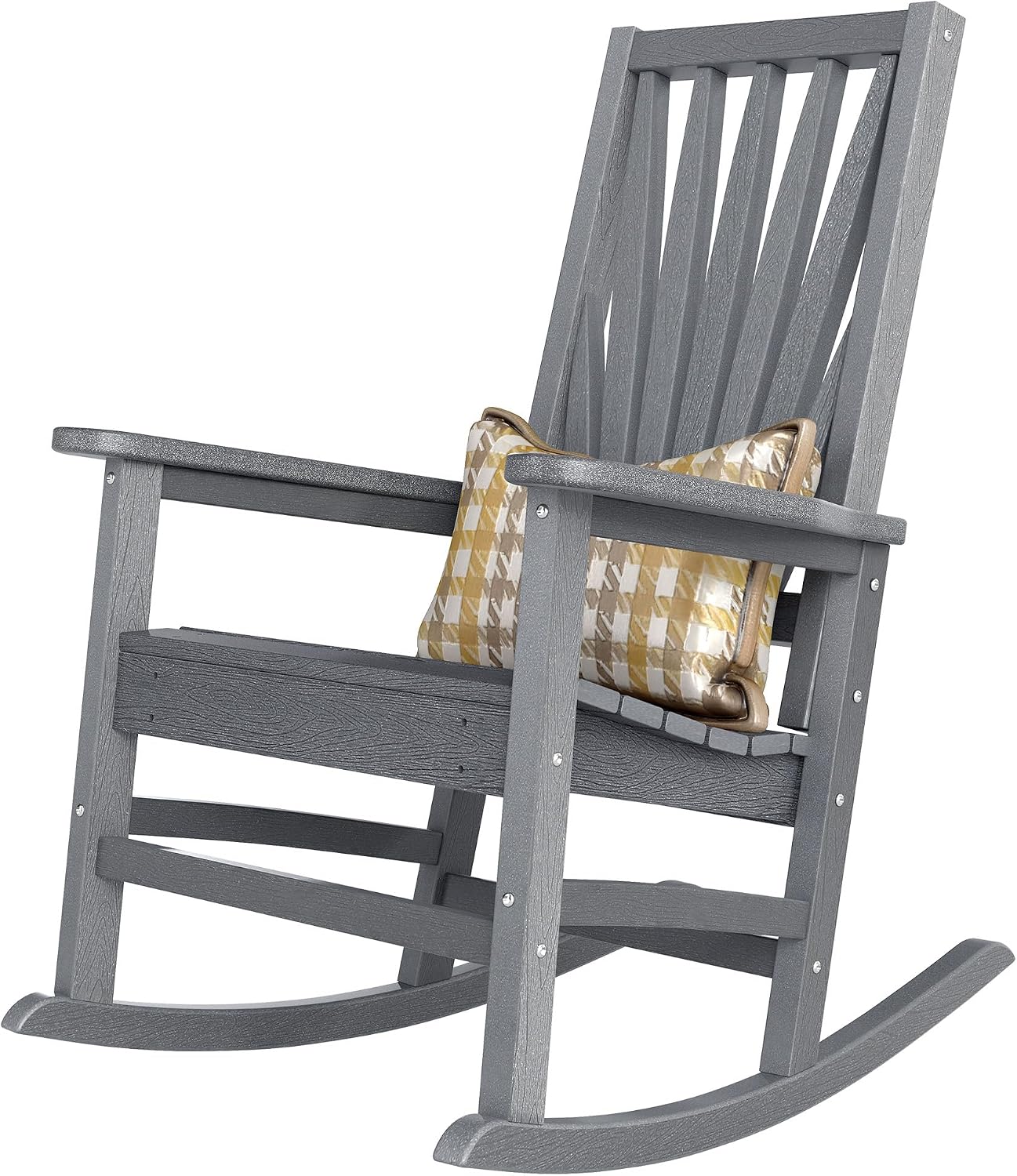 DWVO Outdoor Rocking Chair, Patio Rocker with Windsor Backrest & Wide Armrests, HDPE Patio Chair, 30° Rocking Motion, Outdoor Rocker for Porch, Balcony, Garden Seating, Gray