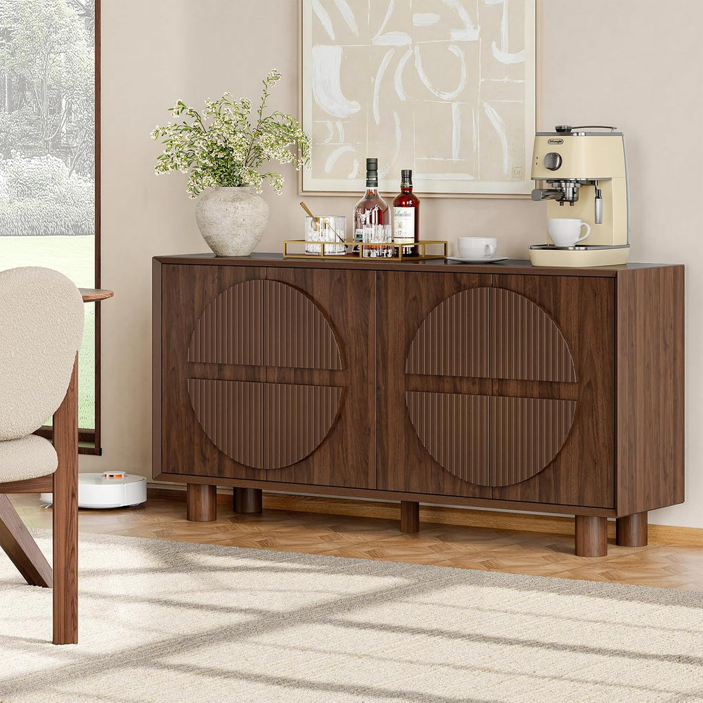 ONBRILL 63 Inch Fluted Buffet Cabinet with Storage, Modern Arched Sideboard with Push-Spring Doors, Adjustable Shelf, Wood Coffee Bar Cabinet Credenza for Kitchen, Living Room, Walnut