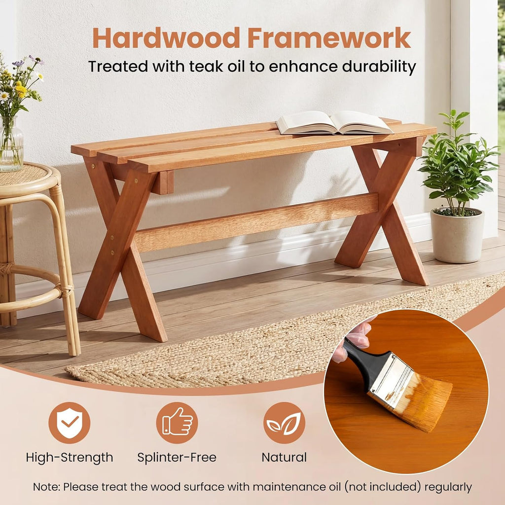 Tangkula Outdoor Wood Bench Backless, Patio Dining Bench with Teak Oil Finish & Slatted Seat, X-Shaped Frame, Farmhouse Wooden Bench Plant Stand, Outside Bench for Porch, Garden, Entryway (1)