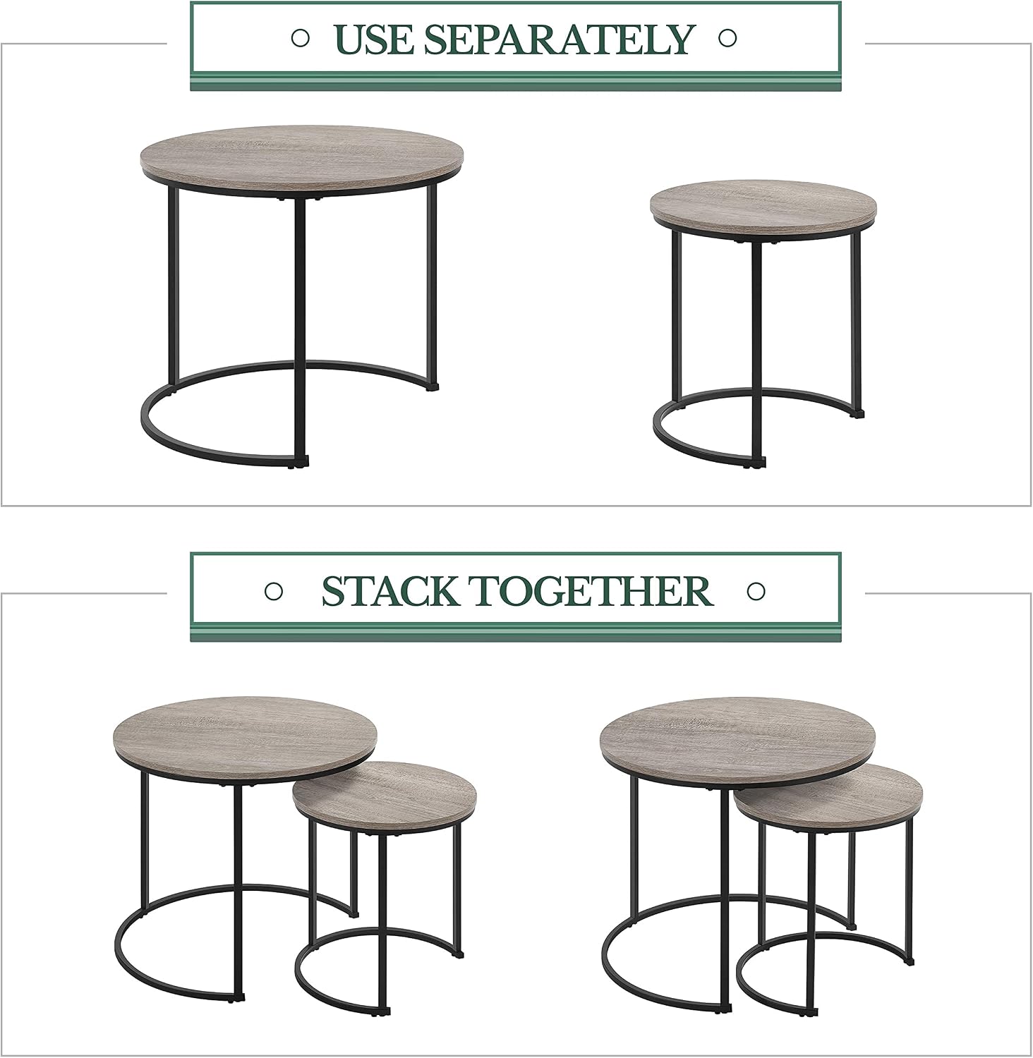 Topeakmart Nesting Side Tables Set of 2, Modern Round End Tables w/Waterproof Scratch Resistant Surface & Sturdy Metal Base for the Living Room,Guestroom, Balcony, Apartment and Small Space,Gray