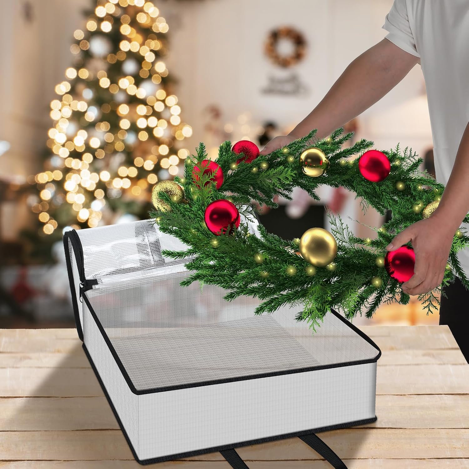 Lukeline 4 Pack Wreath Storage Bag,Clear Christmas Garland Container,Moving Bag with Handles and Zipper,Christmas Wreath Storage Carrying Bag
