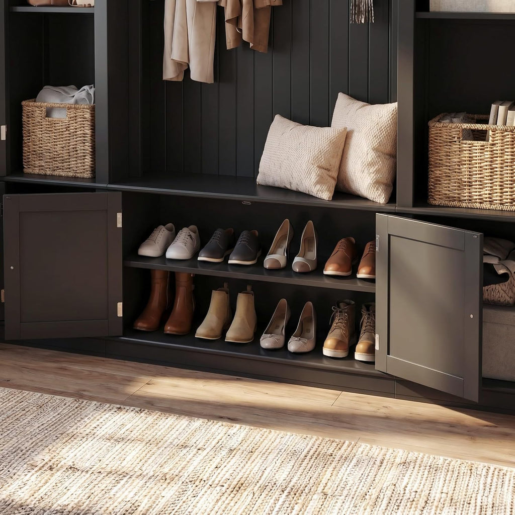 Large Hall Tree with Bench & Rattan Doors, 4-in-1 Entryway Coat Rack with Shoe Storage, 4 Hooks, Shelves, Mid-Century Shoe Bench for Hallway Mudroom, Black, 63.2”W x 15.7”D x 76.8”H