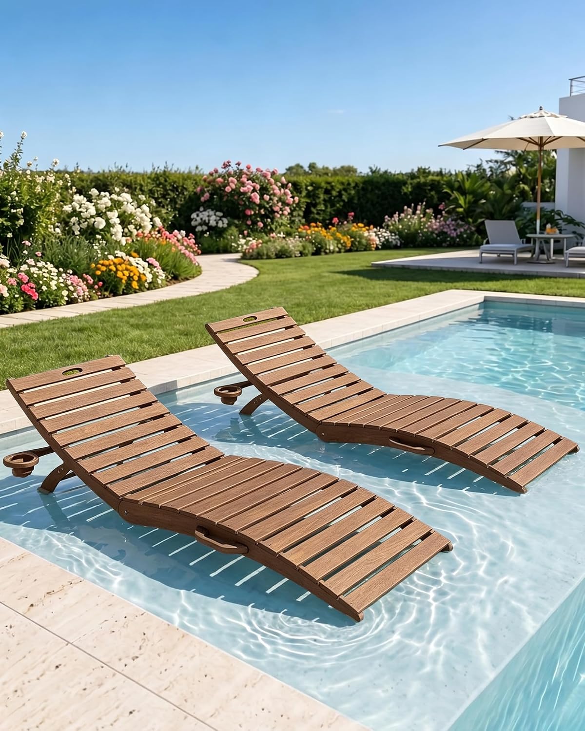 AreShark HDPE Pool Chaise Lounge Chairs Set of 2 up to 8-Inches of Water, Pre-Assembled Folding Outdoor Lounge Chairs with Cup Holders, for Hotel, Resort, Poolside, Sun Decks -Teak Color
