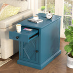 Polibi End Table with USB Ports and Storage, Bedside Table with Artistic Door Design,Drawer and Shelf, Accent Furniture for Small Spaces, Office, Living Room, Navy Blue