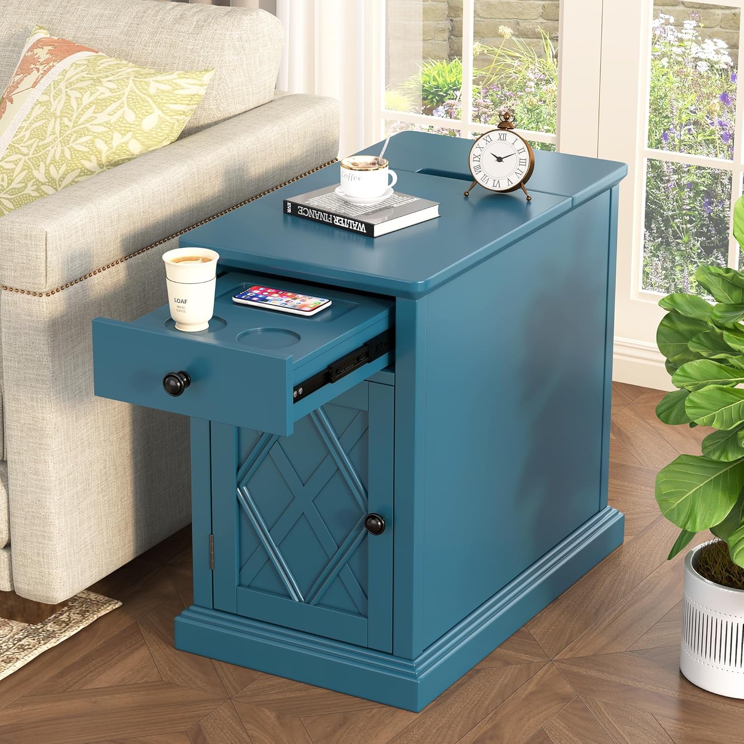 Polibi End Table with USB Ports and Storage, Bedside Table with Artistic Door Design,Drawer and Shelf, Accent Furniture for Small Spaces, Office, Living Room, Navy Blue