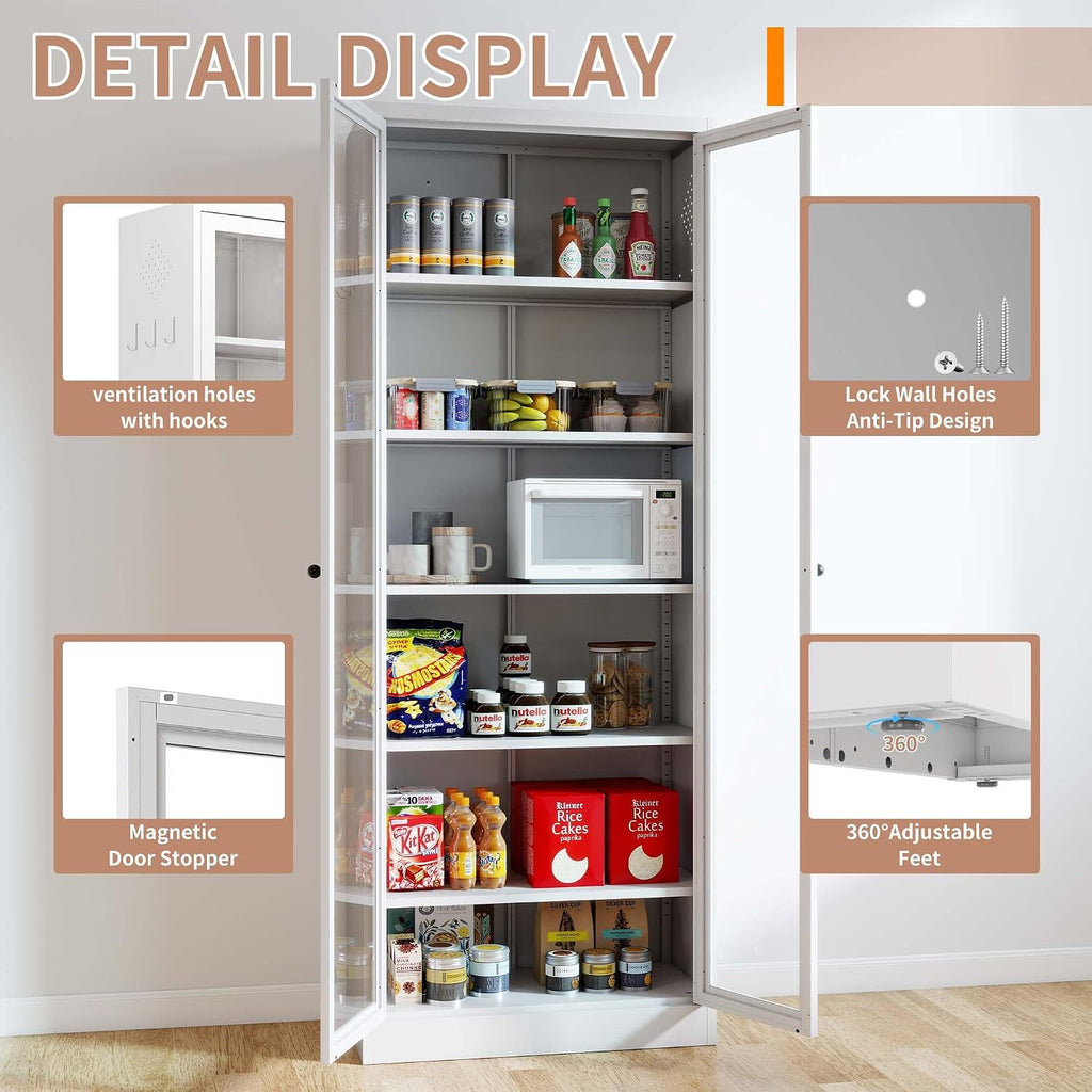Tall Kitchen Cabinet Storage, Food Pantry Cabinet with Doors and Shelves, Tall Kitchen Cabinets with 5 Adjustable Shelves, White Metal Cabinets for Dining Room (White + Glass Door + Metal)