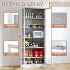 Tall Kitchen Cabinet Storage, Food Pantry Cabinet with Doors and Shelves, Tall Kitchen Cabinets with 5 Adjustable Shelves, White Metal Cabinets for Dining Room (White + Glass Door + Metal)