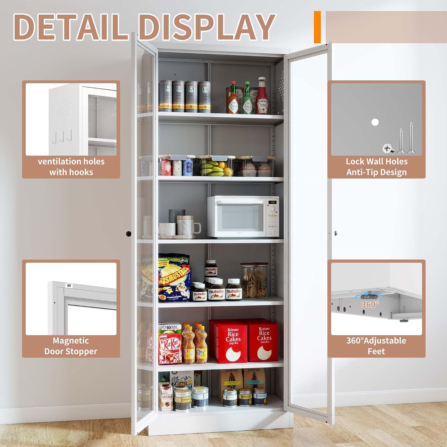 Tall Kitchen Cabinet Storage, Food Pantry Cabinet with Doors and Shelves, Tall Kitchen Cabinets with 5 Adjustable Shelves, White Metal Cabinets for Dining Room (White + Glass Door + Metal)