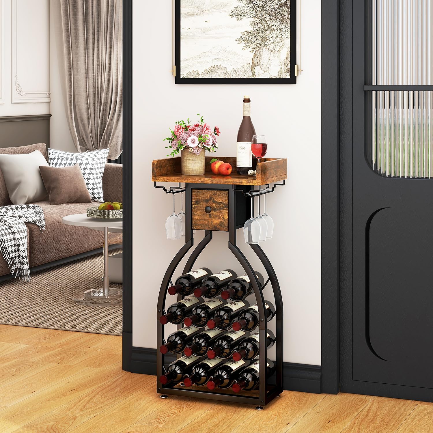 IBUYKE Wine Rack Freestanding Floor,Wine Storage 15 Bottles Bottle Rack with Glass Holders, Mini Bar Wine Cabinet with Storage Drawer for Home Bar Kitchen Dining Room,Rustic Brown,UTMJ908H