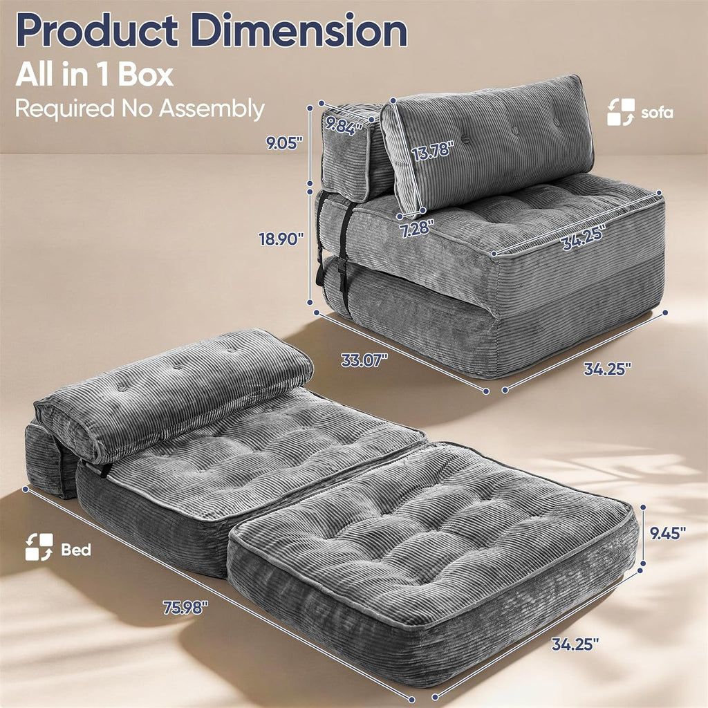 Folding Sofa Bed, Convertible Single Sleeper Chair with Back Support & Pillow, Multifunctional Fold Out Chair Bed for Small Space Living Room Bedroom Guest Office (Grey)