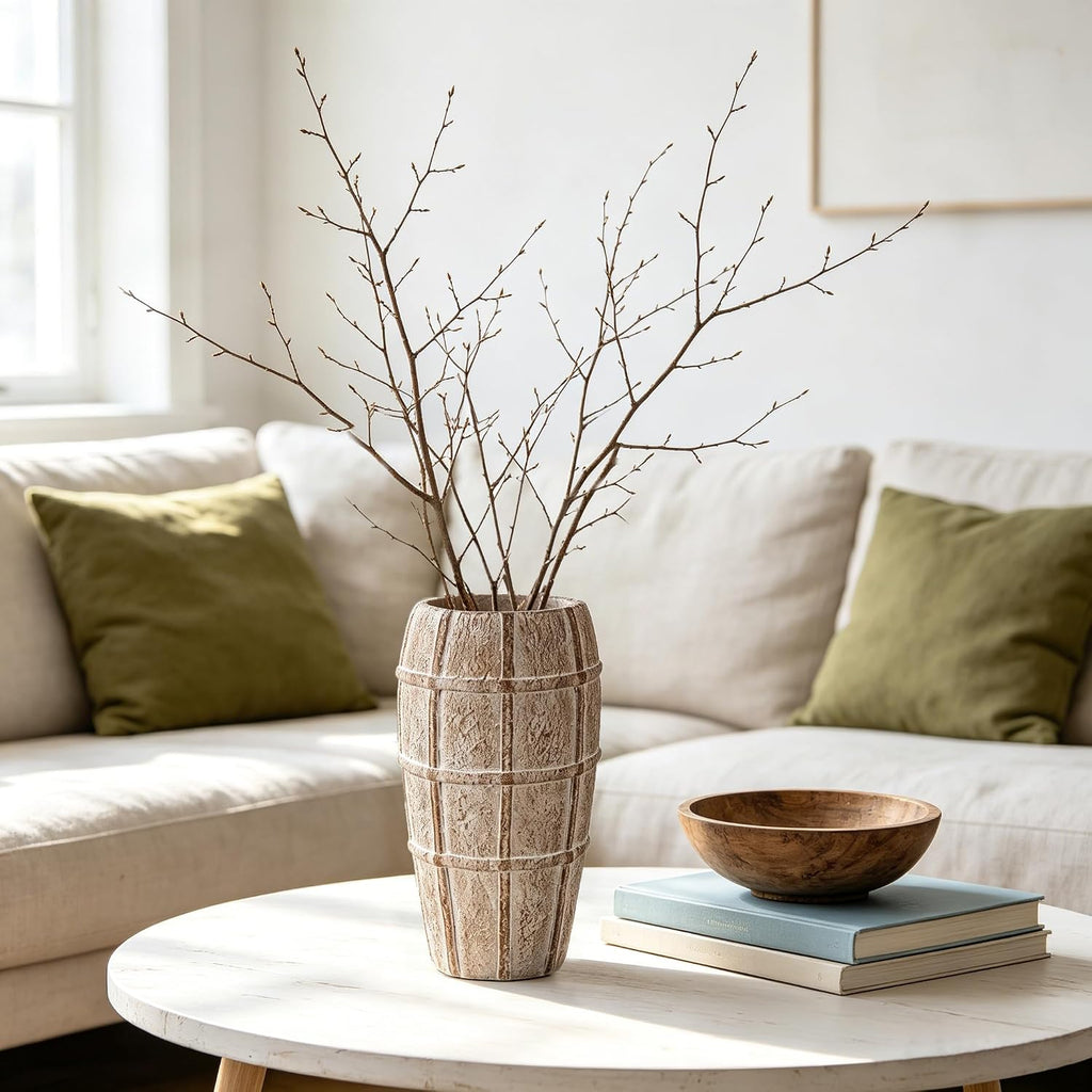 Briful Rustic Terracotta Flower Vase for Home Decor – 9" Brown Farmhouse Textured Barrel-Style Ceramic Vase Vintage Handcrafted Gridded Design for Faux & Dried Flowers Living Room Table Centerpiece