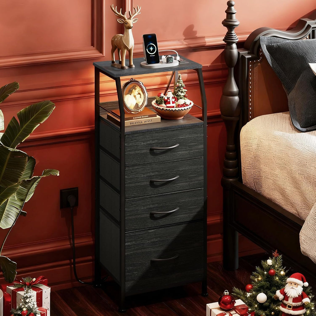 WLIVE Nightstand with Charging Station, Black Night Stand with LED Light, Tall 4 Drawer Dresser for Bedroom, 37" H Bedside Table with Fabric Storage Bins, Open Wood Shelf, Metal Frame