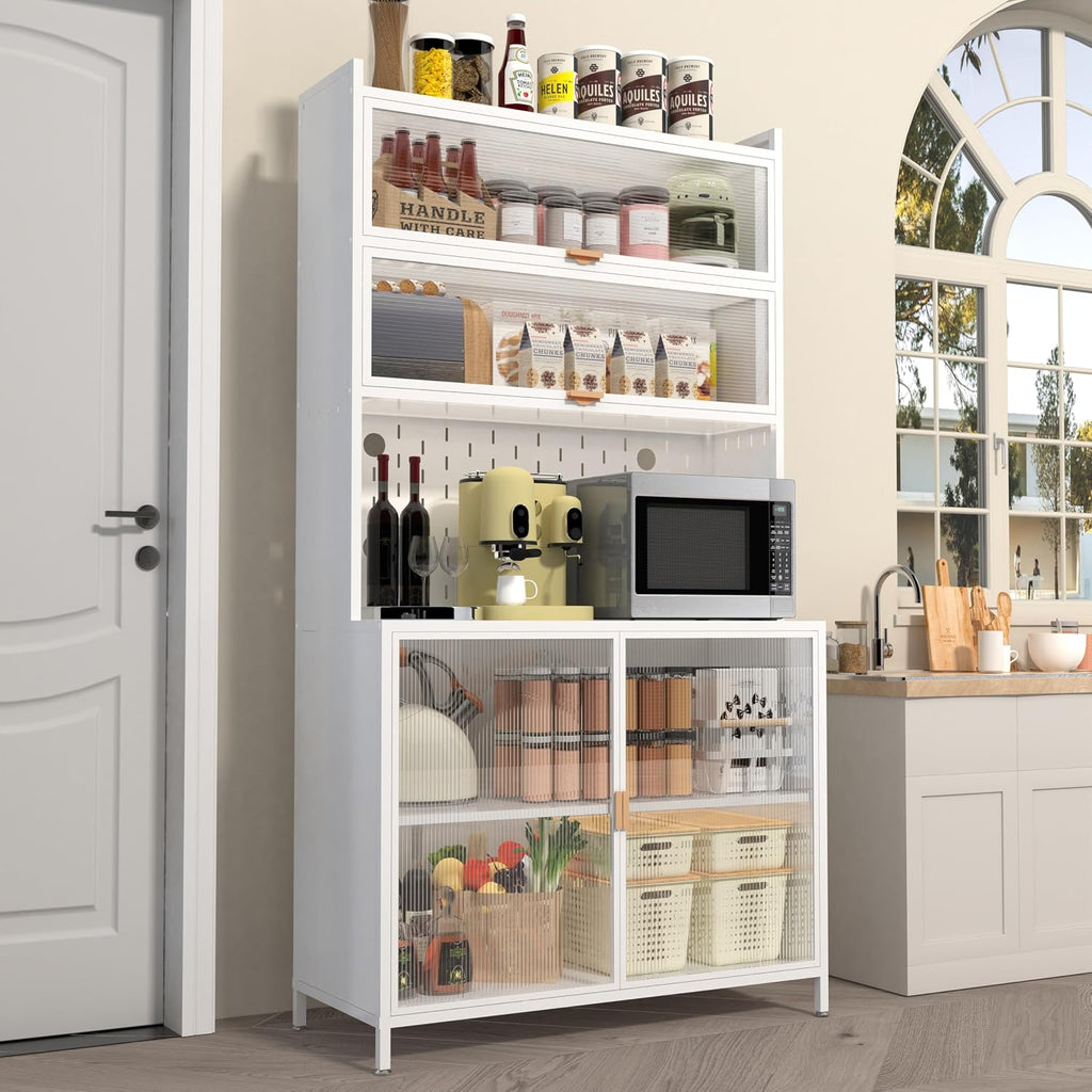 Spaco 73" Tall Kitchen Pantry Cabinet,6 Tiers Food Pantry Cabinet with Adjustable Shelves and Side Hooks,Anti-Tip Display Storage Cupboard for Kitchen,Living Room and Dining Room. (White)
