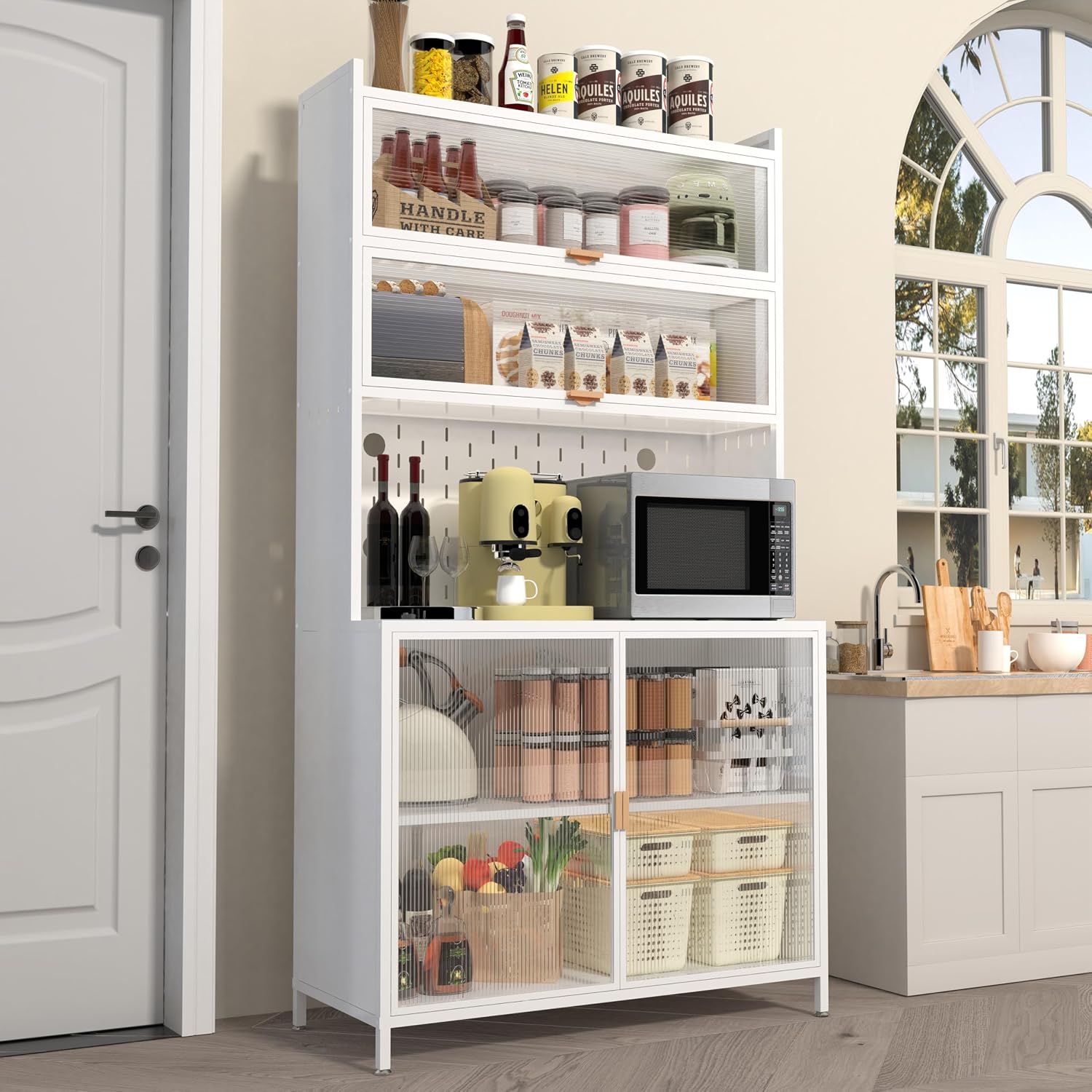 Spaco 73" Tall Kitchen Pantry Cabinet,6 Tiers Food Pantry Cabinet with Adjustable Shelves and Side Hooks,Anti-Tip Display Storage Cupboard for Kitchen,Living Room and Dining Room. (White)