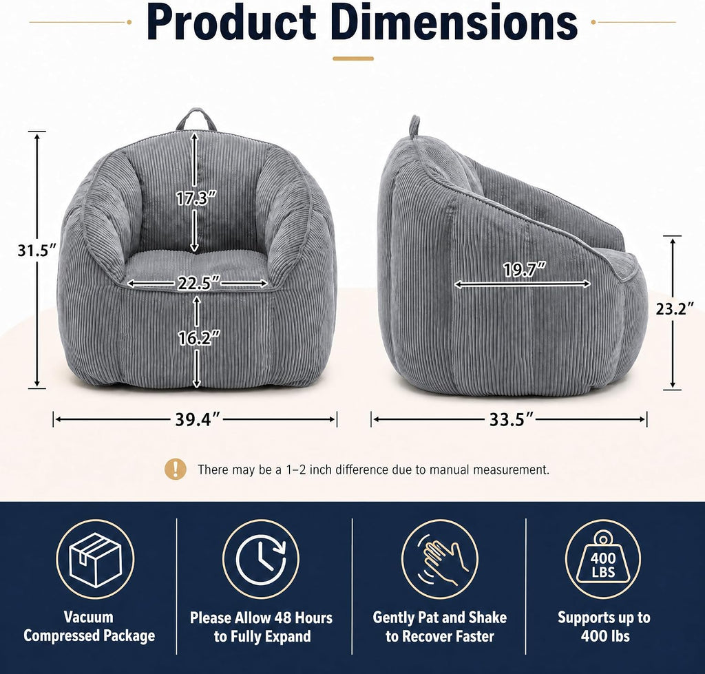 Bean Bag Chair for Adults with Armrests, Oversized Corduroy Bean Bag Sofa with High Back Support, Comfy Memory Foam Lounge Chair for Living Room, Bedroom, Dorm & Gaming (Dark Gray)