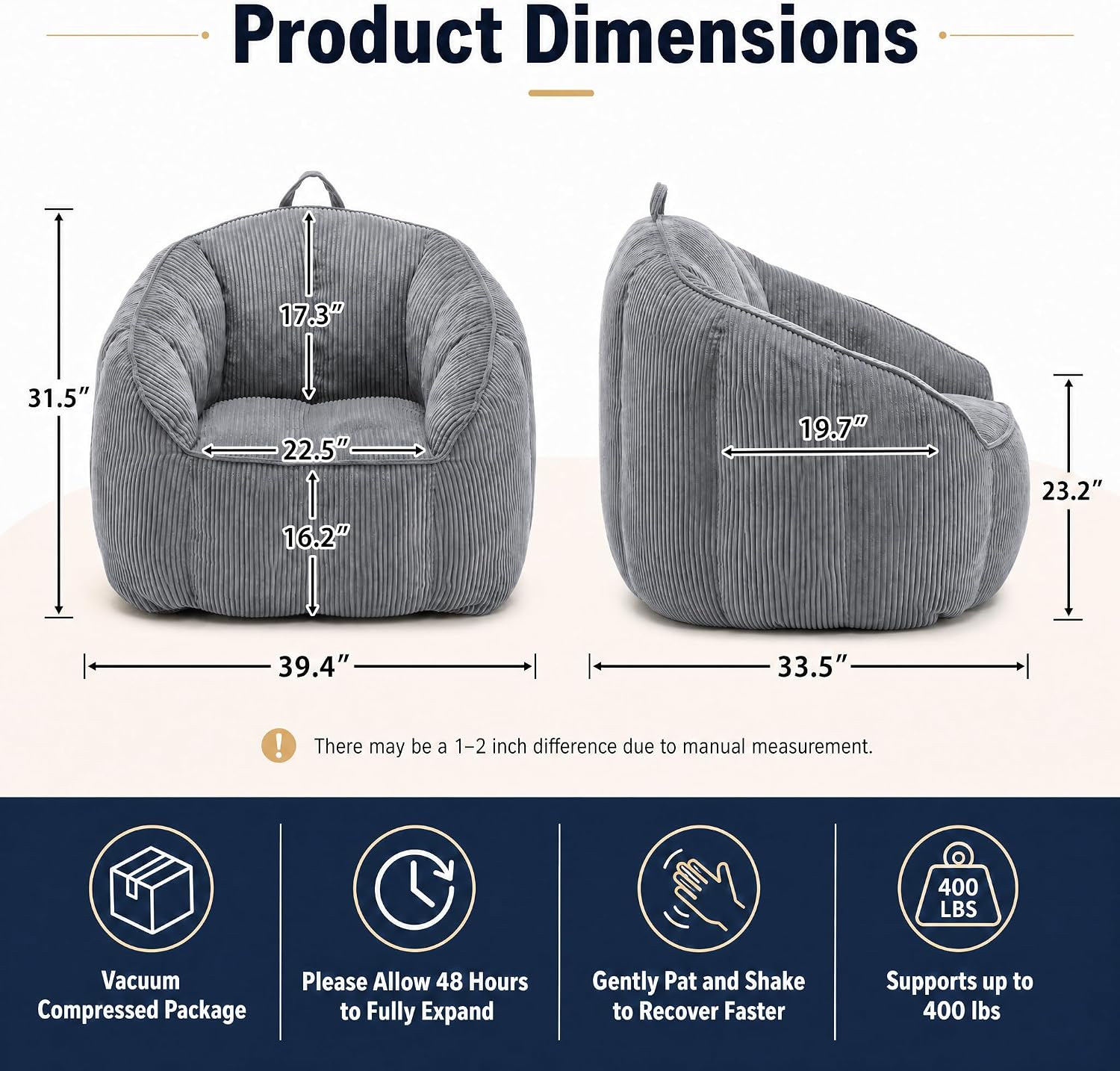 Bean Bag Chair for Adults with Armrests, Oversized Corduroy Bean Bag Sofa with High Back Support, Comfy Memory Foam Lounge Chair for Living Room, Bedroom, Dorm & Gaming (Dark Gray)
