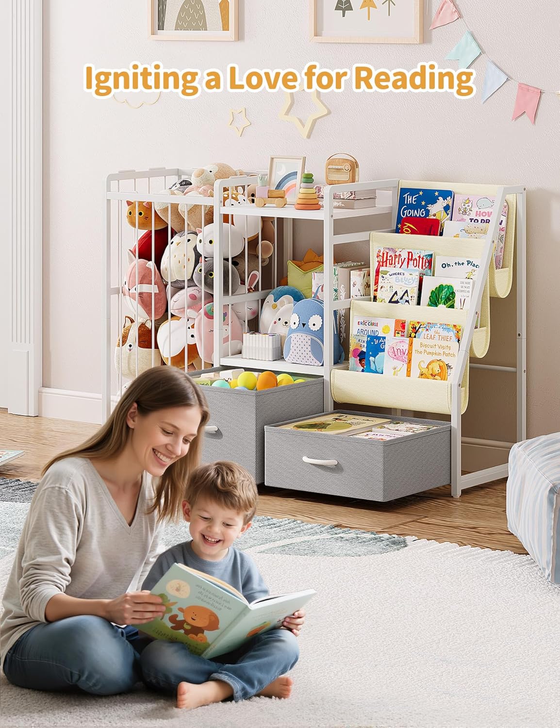 Twinkoo Kids Bookshelf and Toy Storage, Large 3 Tier Book Shelf for Kids Rooms, Sling Baby Bookcase with Stuffed Animal Storage, Toddler Montessori Bookshelf (Grey, 3 Column)