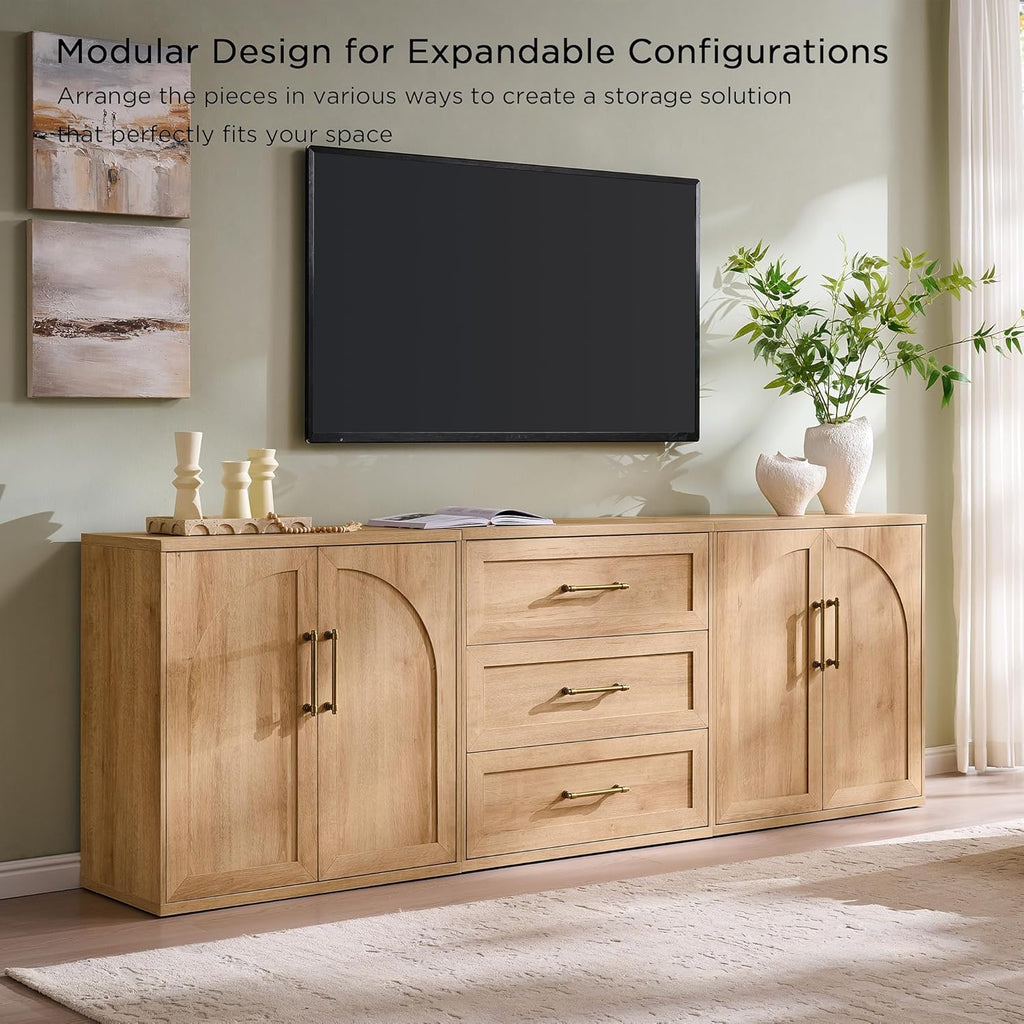 ACCOHOHO Arched Door Sideboard Buffet Cabinet Set of 2, Accent Cabinet with Adjustable Shelf, Wood Modular Credenza Storage Cabinet for Dining Room, Living Room, Entryway, Natural Oak