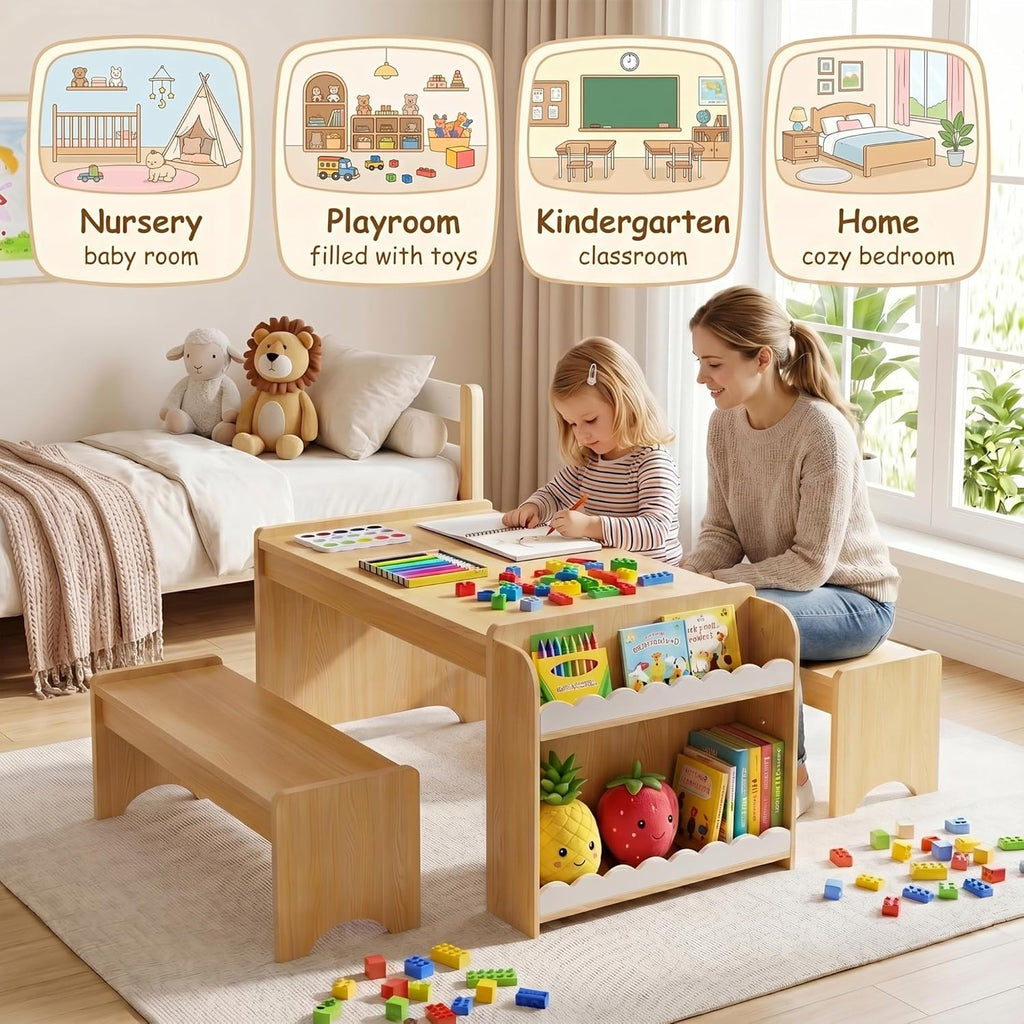 Kids Table and Bench Set, Montessori Kids Table and Chair Set, Indoor Wooden Toddler Activity Table with Bookshelves, 37”X22” Desktop, Children Desk for Home, Classroom, Boys, Girls (Natural)