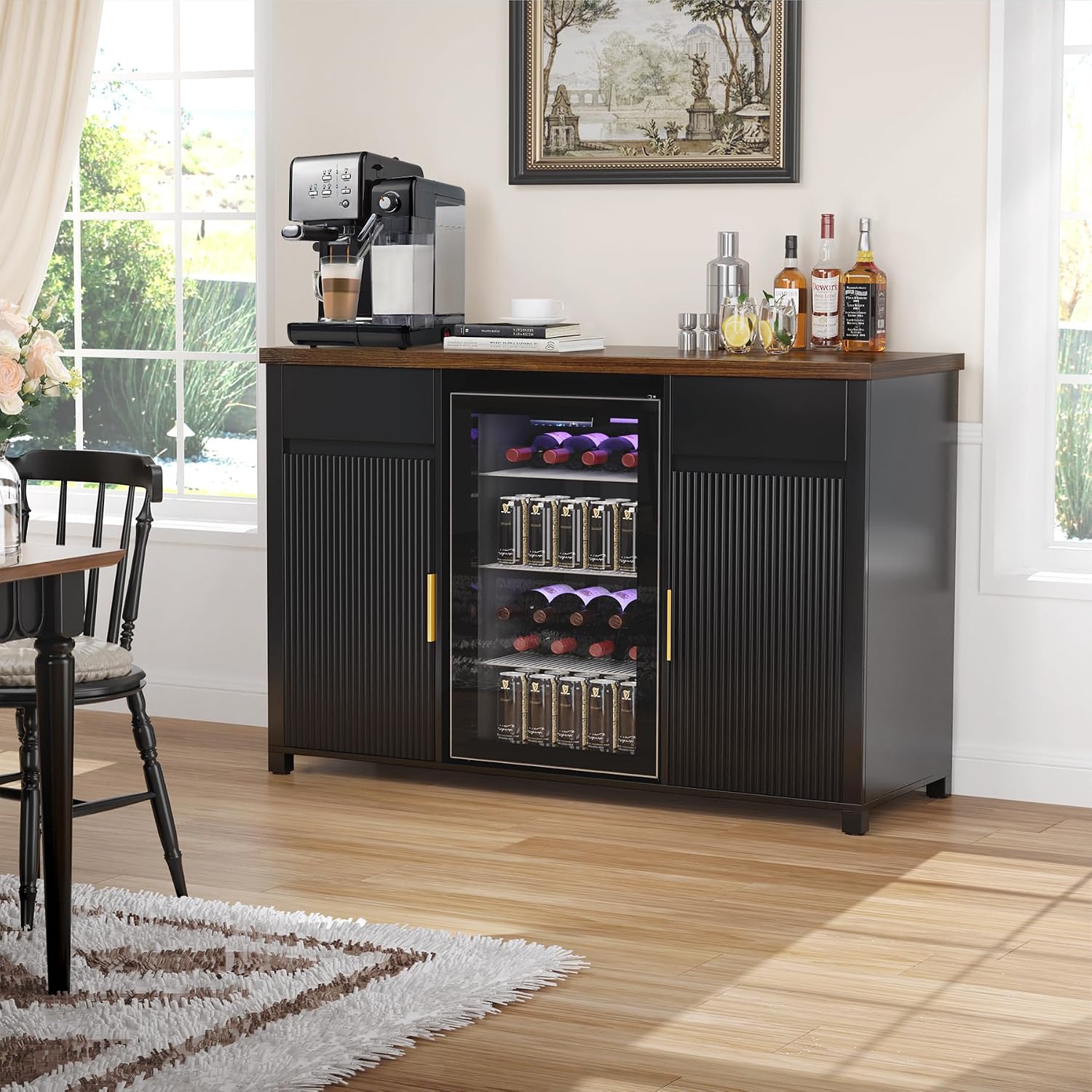 GDLF Large Coffee Bar Cabinet with Fridge Space, Mini Fridge Cabinet with Wine Storage, Buffet Sideboard Table for Home, Fluted Modern Design,53.2" L