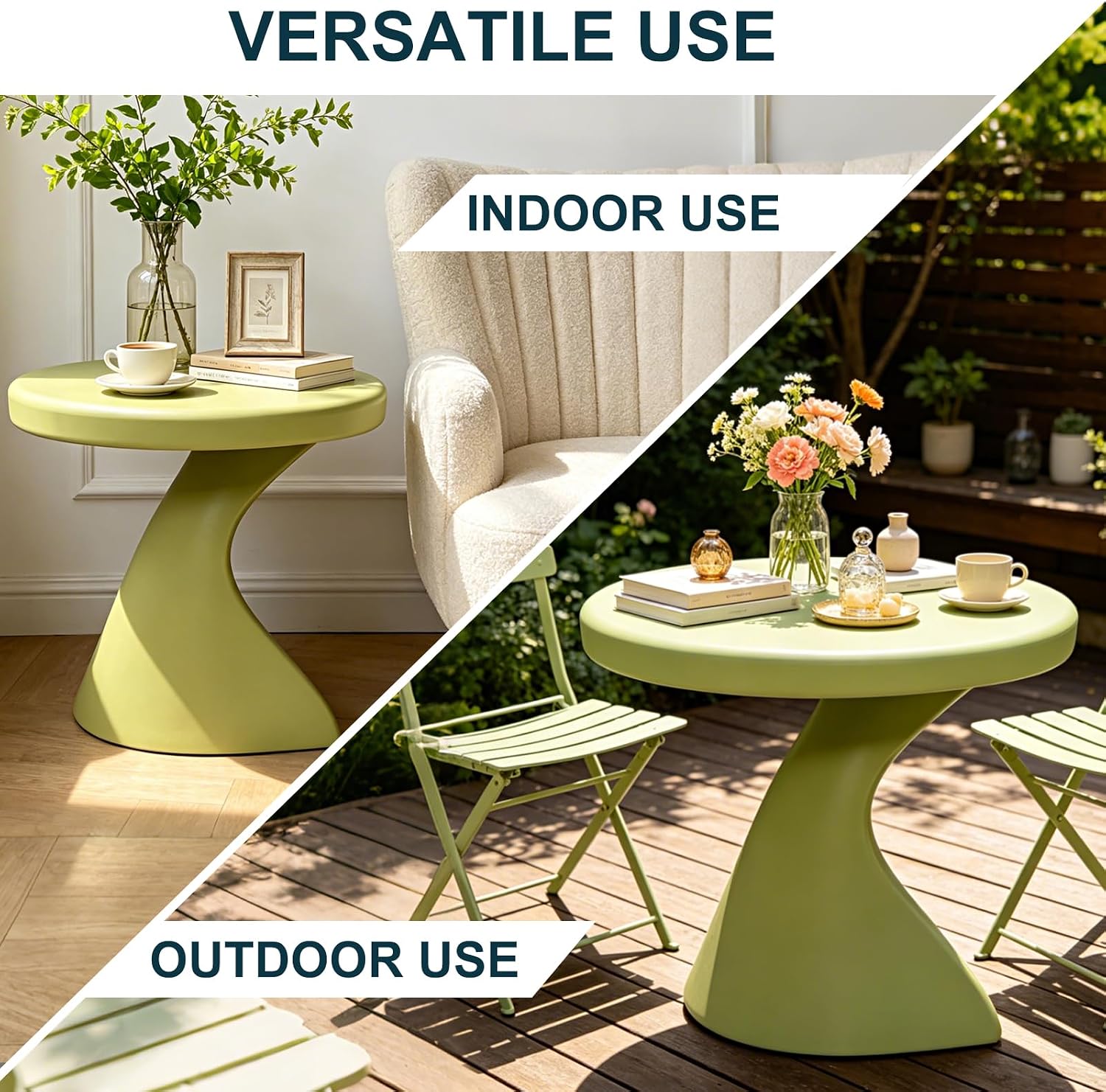 16" Modern Z-Shaped Round Side Table, Matcha Green Accent End Table, Unique PE Small Coffee Table for Living Room Bedroom, No Assembly Indoor/Outdoor Nightstand