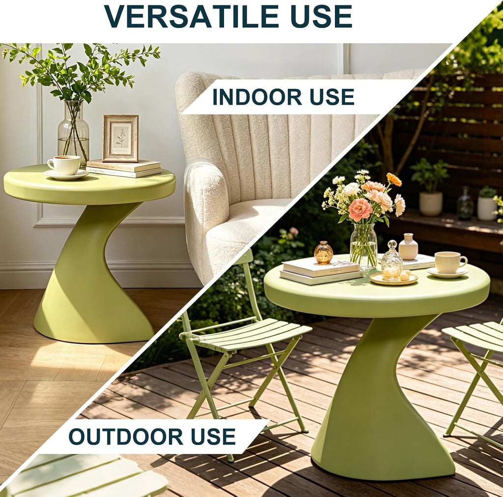 Modern Z-Shaped Round Side Table, 16 Inch Matcha Green PE Accent End Table, Sculptural Pedestal Small Coffee Table, No Assembly Indoor Outdoor Nightstand for Living Room Bedroom