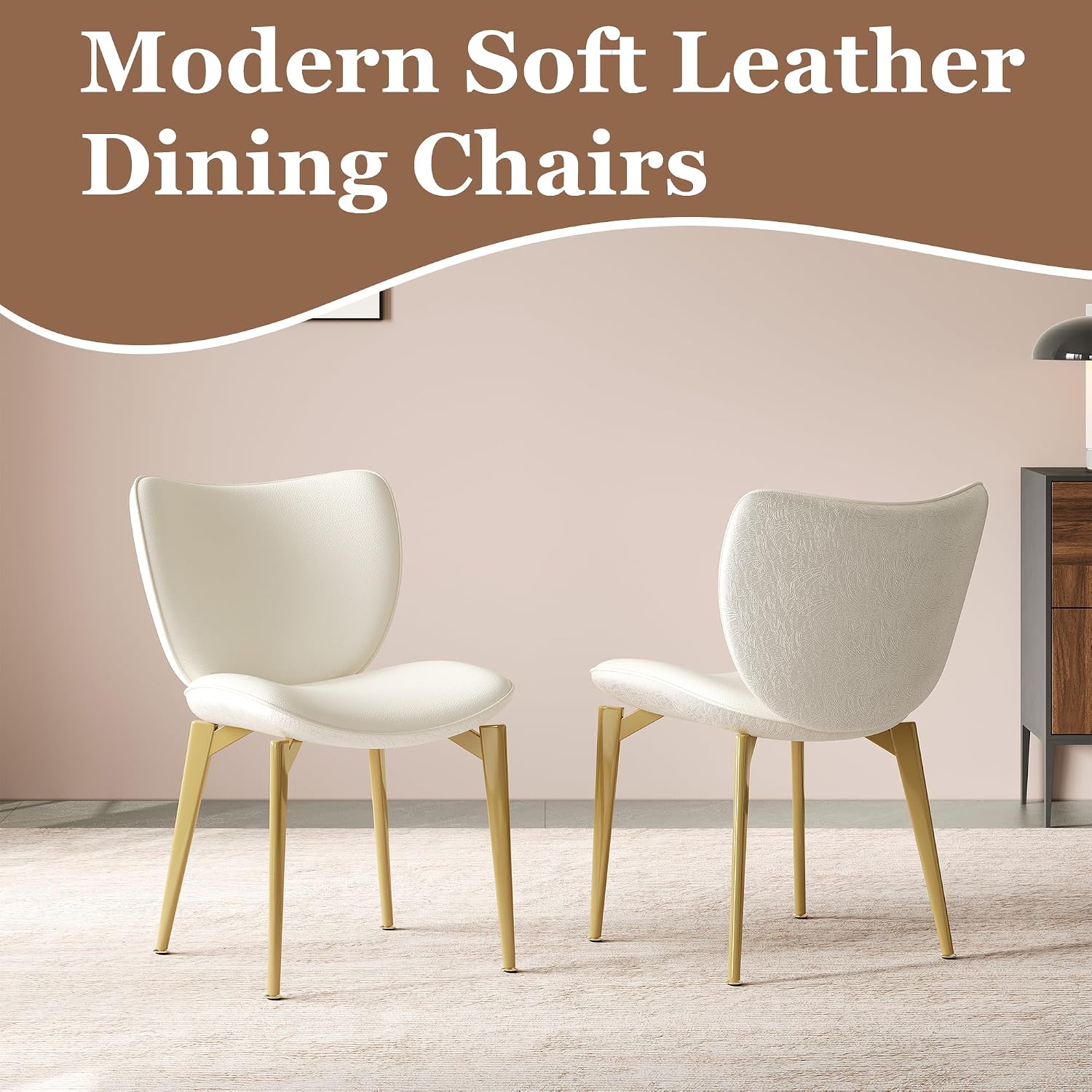 Montary Dining Chairs Set of 2, Modern Gold Steel Legs Dining Chair - Stylish Beige PU Leather Chairs Featuring Unique Texture Jacquard Backrest, for Dining Room, Kitchen, or Living Room