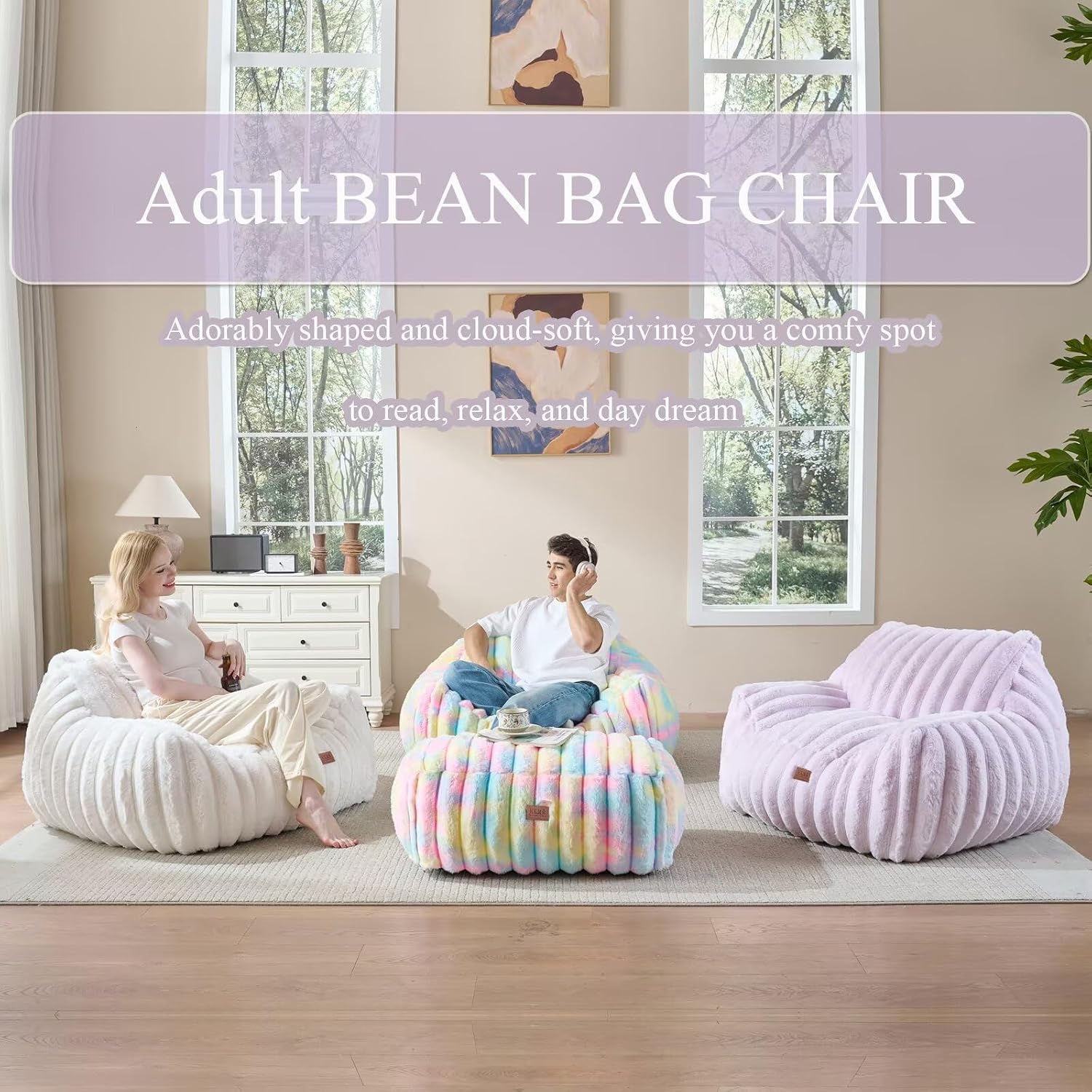 Giant Plush Bean Bag Chair for Adults with Armrests,Oversized Comfy Beanbag Lounge Lazy Floor Sofa Chair for Game Room,Living Room,Bedroom,Ultra Soft Mini Couch-Rainbow