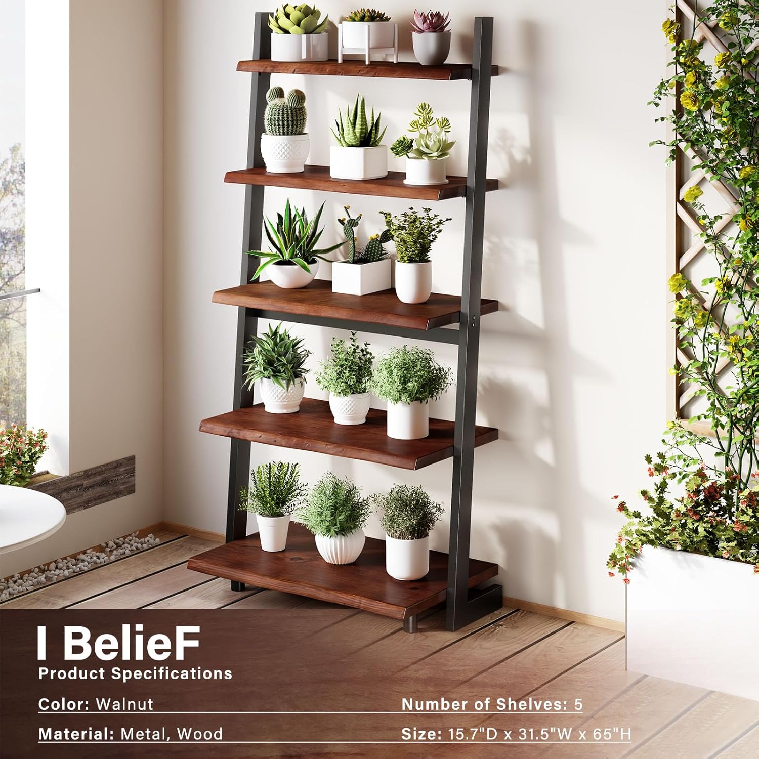 IBF 5-Tier Solid Wood Ladder Bookshelf with Natural Live Edge, Rustic Walnut Storage & Display Leaning Bookcase, Modern Space-Saving Shelf for Living Room, Bedroom, Home Office