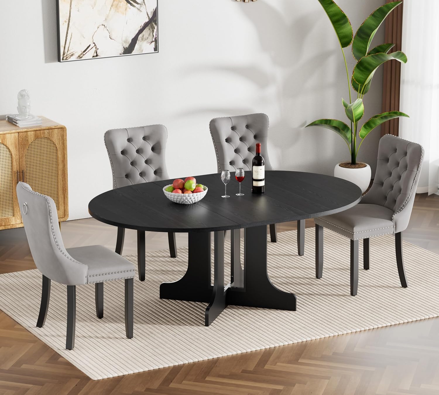 Henf 5 Piece Round Extendable Dining Table Set for 4, 43"-59" Wood Oval Expanding Kitchen Table with 4 Chairs, Space Saving Extendable Dining Room Tables with Pedestal Base (Black & Gray)