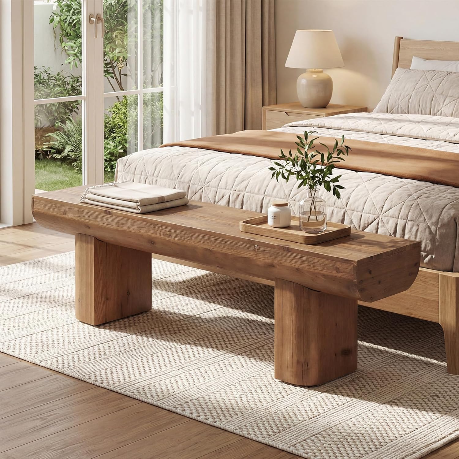 55'' Solid Wood Entryway Bench, Farmhouse Wood Dining Bench, Rustic End of Bed Bench for Bedroom, Living Room, Hallway