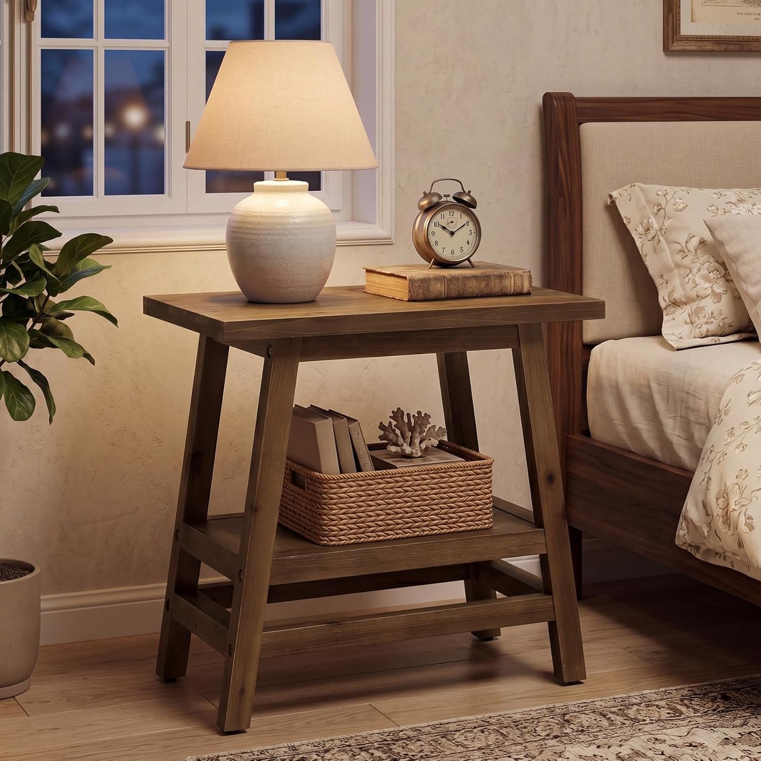 Solid Wood End Table, 2-Tier Small Side Table with Stable A-Frame, Farmhouse Narrow Nightstand, Rectangular Slim Accent Bedside Furniture for Small Spaces, Living Room, Bedroom