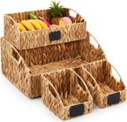 Wonderjune 4 Pcs Water Hyacinth Storage Basket Set Boho Wicker Rattan Pantry Basket with Chalkboard Label Handles Woven Container Kitchen Laundry Large Small for Shelves Food Home Bathroom Decor