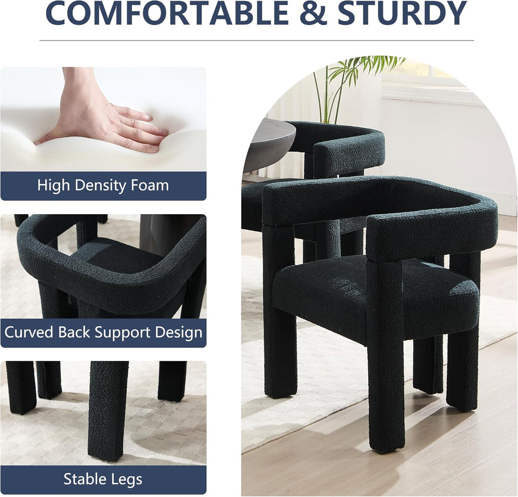 Boucle Barrel Side Chairs Set of 4, Modern Designed Upholstered Compy Sherpa Teddy Fabric Accent Kitchen/Dining Chair, Kitchen Armchair for Living Room office Dining Room Bedroom (Black, Set of 4)