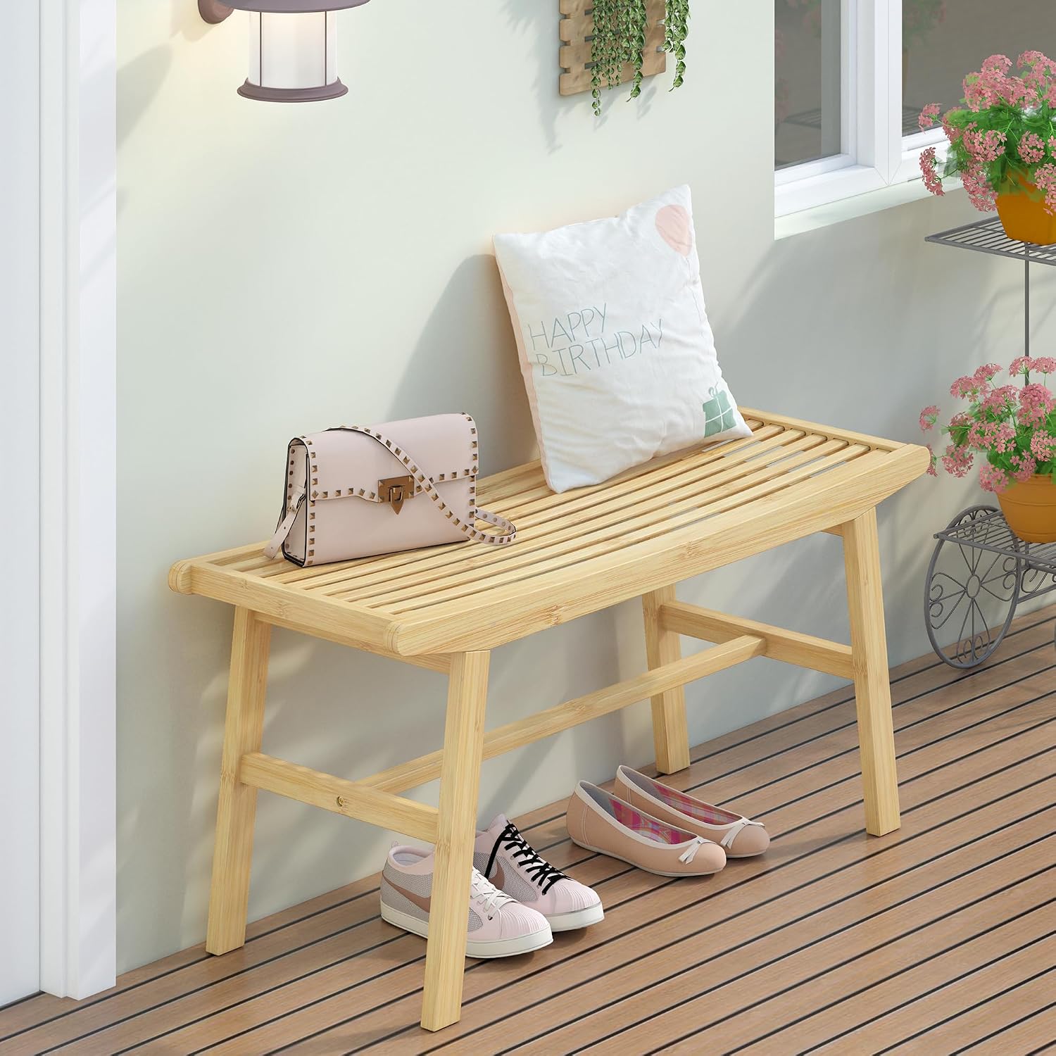 Bamboo Dining Bench Indoor Long Bench Sturdy & Comfortable Indoor Storage Bench Durable Slat Woven Design Modern Entryway Seating for Hallway (Nature, 1 Tier)