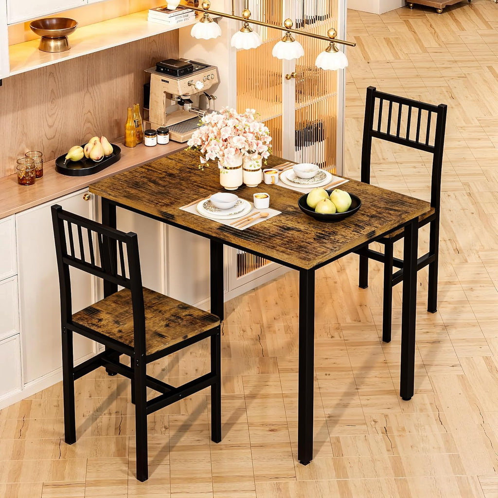 3 Piece Dining Table Set for 2, Small Wooden Kitchen Table Set with Chairs, Space Saving Breakfast Nook Table and Chairs Set of 2, Modern Dinette Set for Dining Room, Apartment, Small Space, Brown
