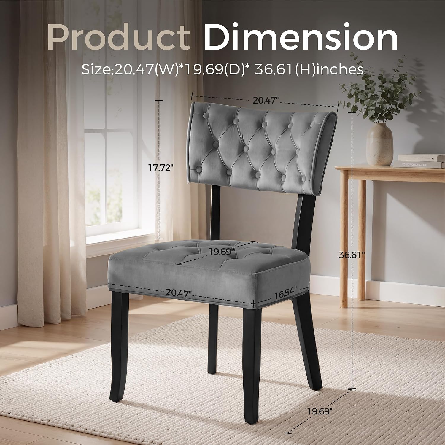 UVV Wooden Dining Chairs Set of 2, Mid Century Tufted Upholstered Kitchen Chairs Dining Room Chairs, Velvet Farmhouse Dinner Chair for Kitchen Dining Room, Dark Grey-Black Legs