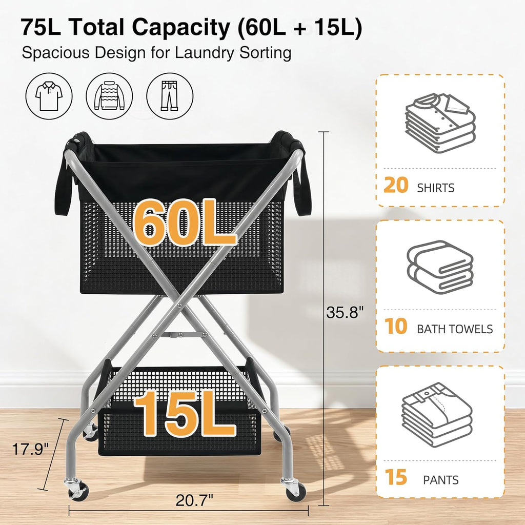 STO STO 2-Tier Foldable Laundry Cart with Wheels, 75L Tall Rolling Laundry Hamper, Collapsible Laundry Basket with Removable Bag, Rust-Resistant Steel Frame for Laundry Room, Bathroom, Dorm, Black