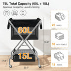 STO STO 2-Tier Foldable Laundry Cart with Wheels, 75L Tall Rolling Laundry Hamper, Collapsible Laundry Basket with Removable Bag, Rust-Resistant Steel Frame for Laundry Room, Bathroom, Dorm, Black