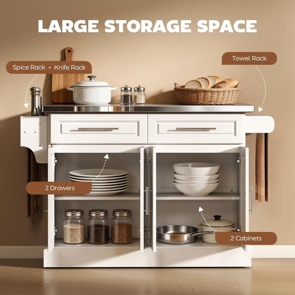 HOMCOM Rolling Kitchen Island Cart with 47" Stainless Steel Top, Portable Island Table for Kitchen with Wheels, Adjustable Shelves, 2 Drawers, Spice, Knife and Towel Rack, White