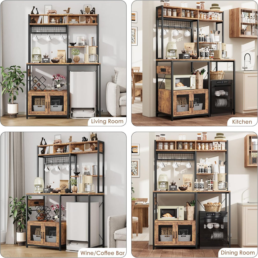 Garvee Microwave Stand with Fridge Stand, Industrial Kitchen Shelf with Power Outlet, Freestanding Kitchen Storage for Pantry Living Room, 47.2 x 19.7 x 68.1 Inches, Rustic Brown