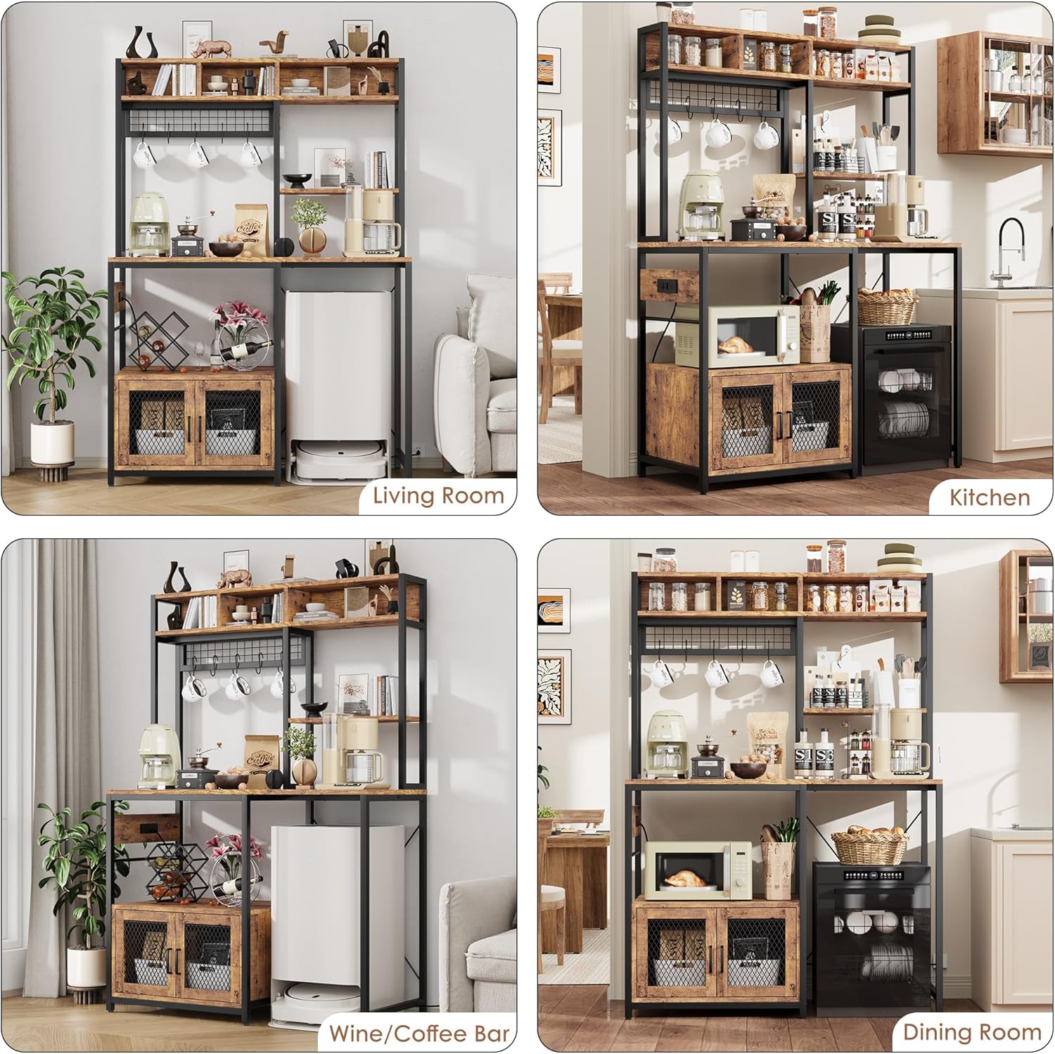 Garvee Microwave Stand with Fridge Stand, Industrial Kitchen Shelf with Power Outlet, Freestanding Kitchen Storage for Pantry Living Room, 47.2 x 19.7 x 68.1 Inches, Rustic Brown
